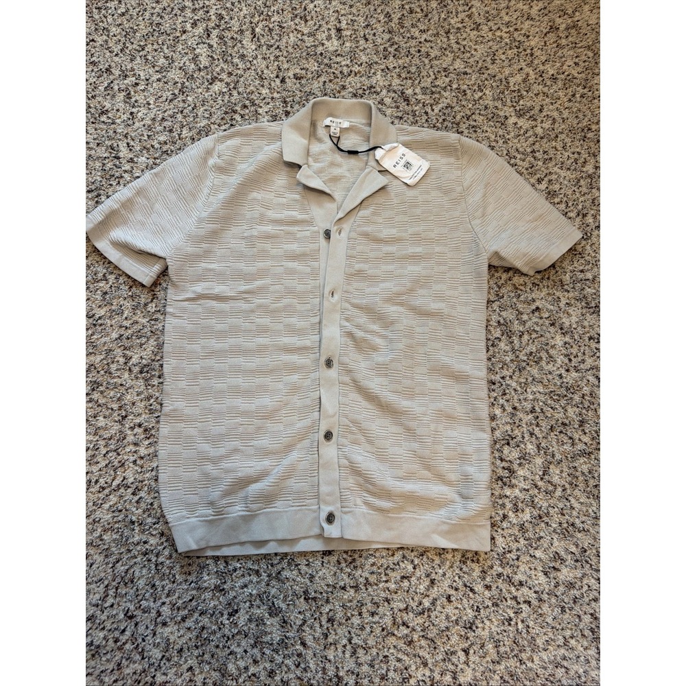 Reiss New Men's Viscous Blend Short Sleeve Collared Cardigan Shirt Ice Gray Sz M